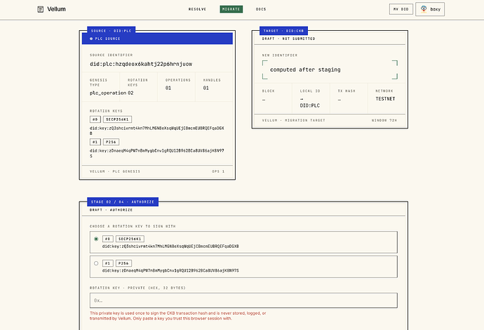 /migrate flow: source did:plc on the left, target did:ckb on the right, rotation-key picker in the authorize stage