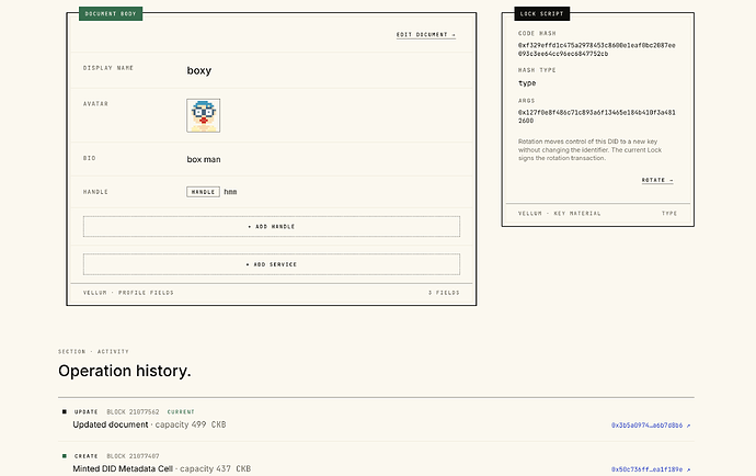 /my page after claiming a did:ckb: document body, Lock Script card, on-chain operation history